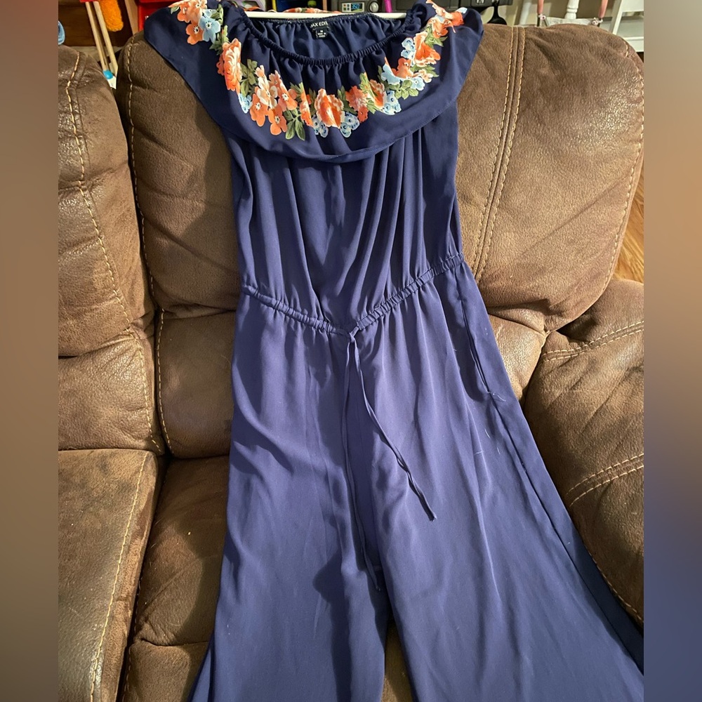 Max Edition Navy Jumpsuit with Off the Shoulder Floral Detail